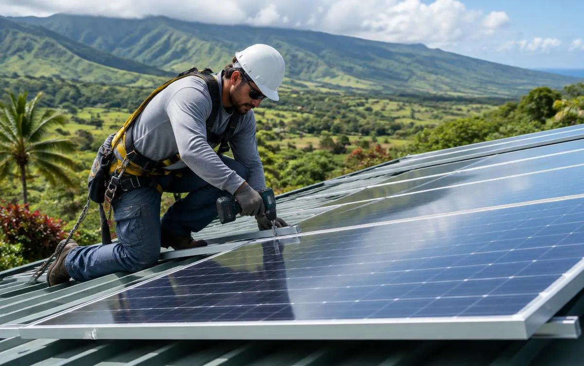 Installer mounting solar panels on an Upcountry Maui roof, illustrative image