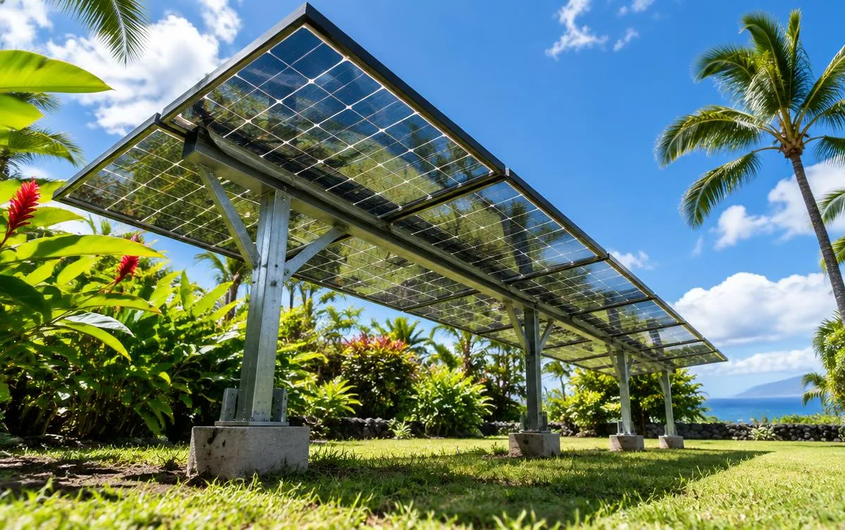 Bifacial solar panels on a ground mount in a Hawaii yard, illustrative image