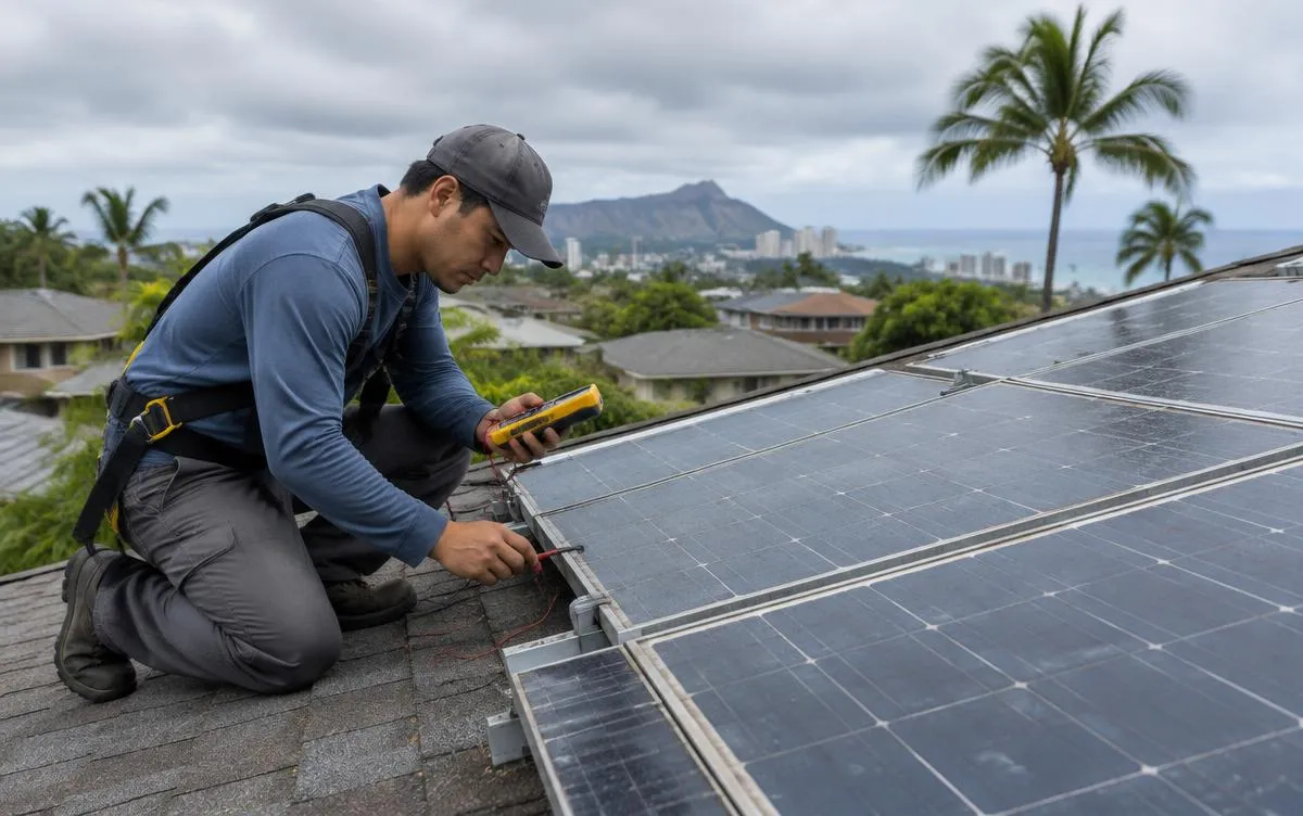 Technician testing an existing rooftop solar system in Honolulu, illustrative image