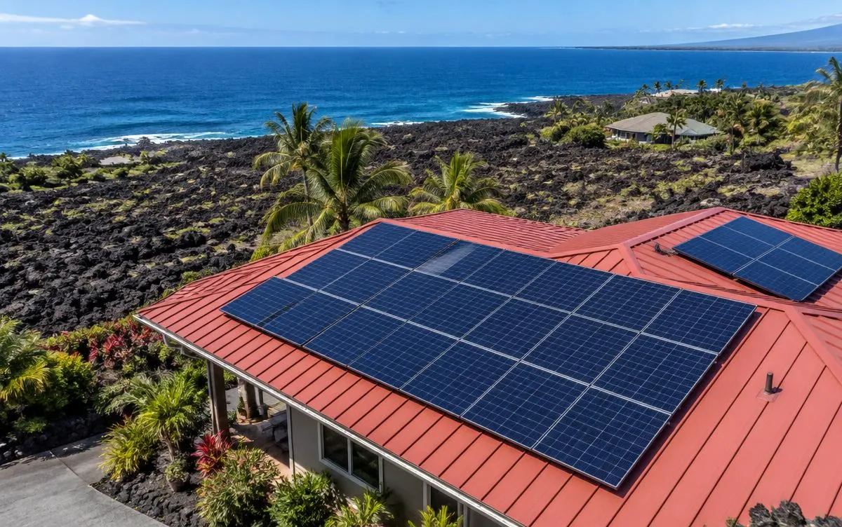 Rooftop solar on a Kona home beside lava fields and ocean, illustrative image