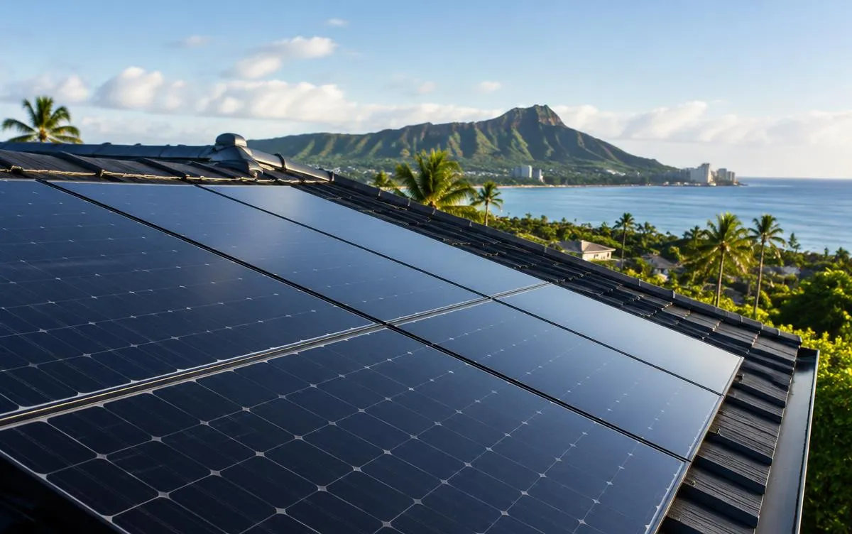 Black rooftop solar panels on an Oahu home near Diamond Head, illustrative image