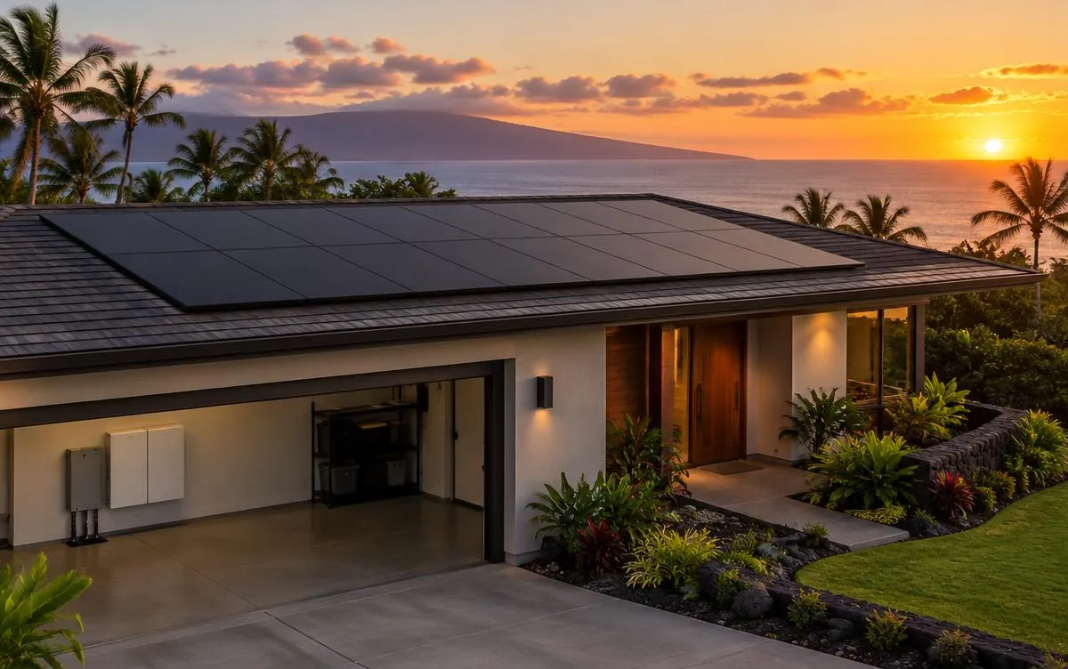 Hawaii home with low-profile rooftop solar and a home battery at sunset, illustrative image