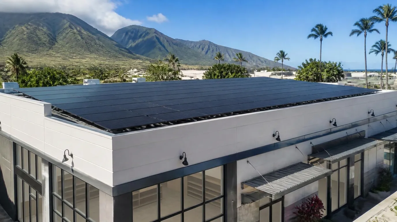Modern all-black commercial solar panels installed on an Oahu business rooftop