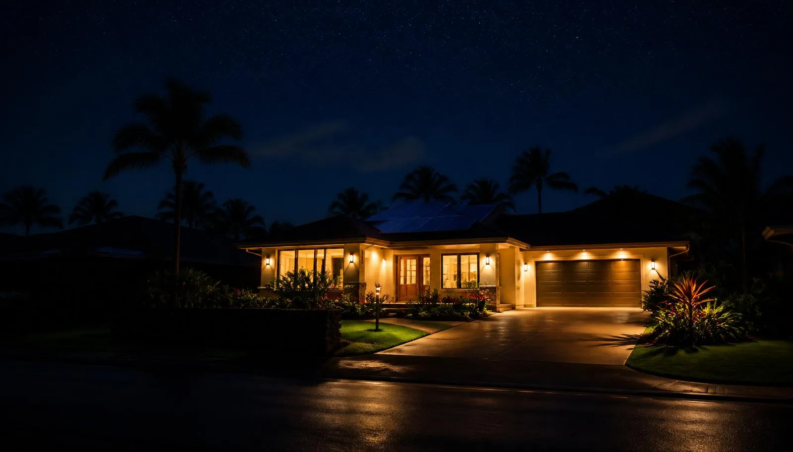 Hawaii home illuminated at night during a neighborhood power outage