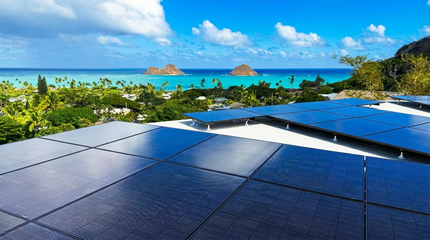 Solar panels on an Oahu rooftop overlooking Lanikai and the Mokulua Islands
