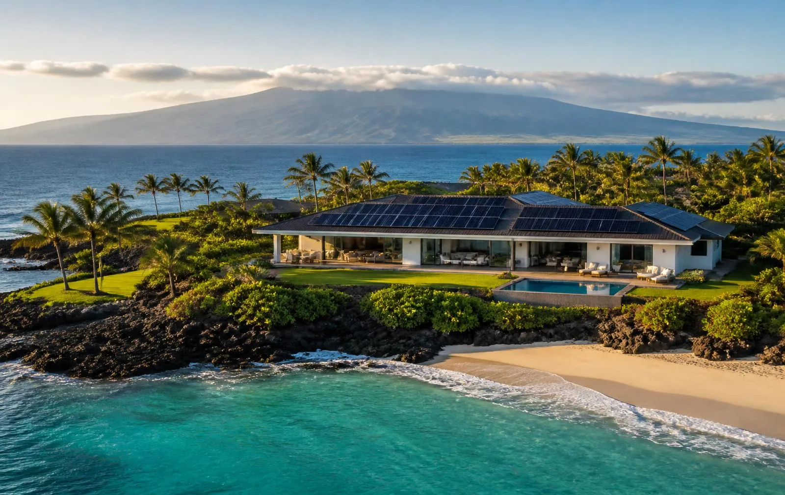 Oceanfront Maui home with rooftop solar panels overlooking a turquoise beach