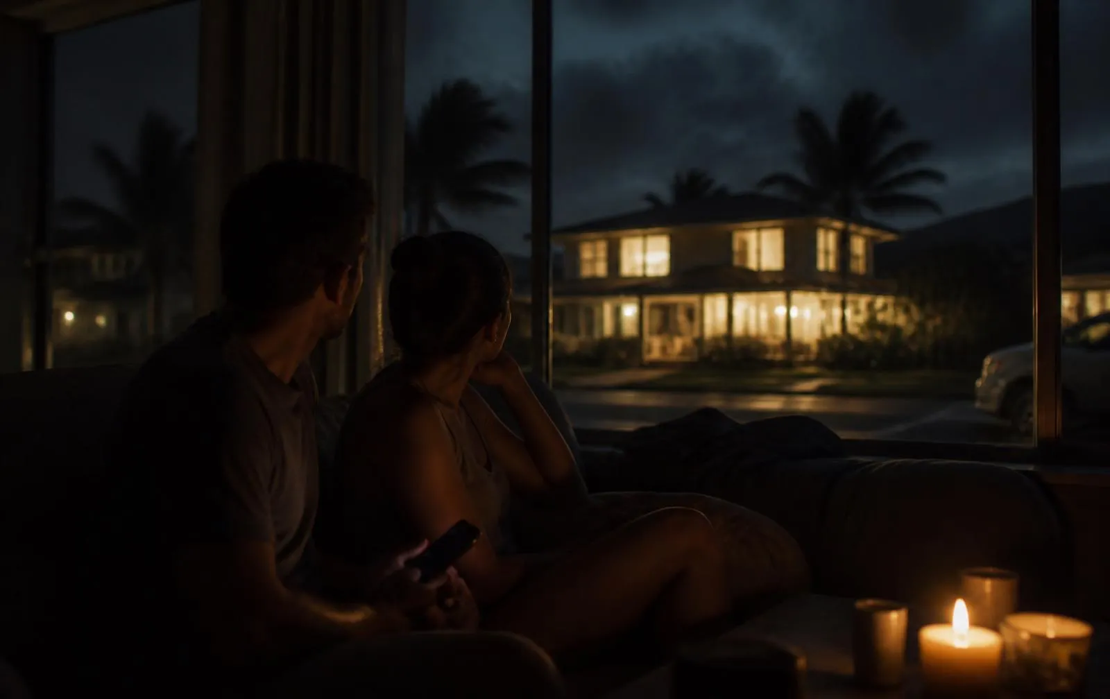 Hawaii family sitting in a dark living room during a power outage while a neighbor's house stays lit
