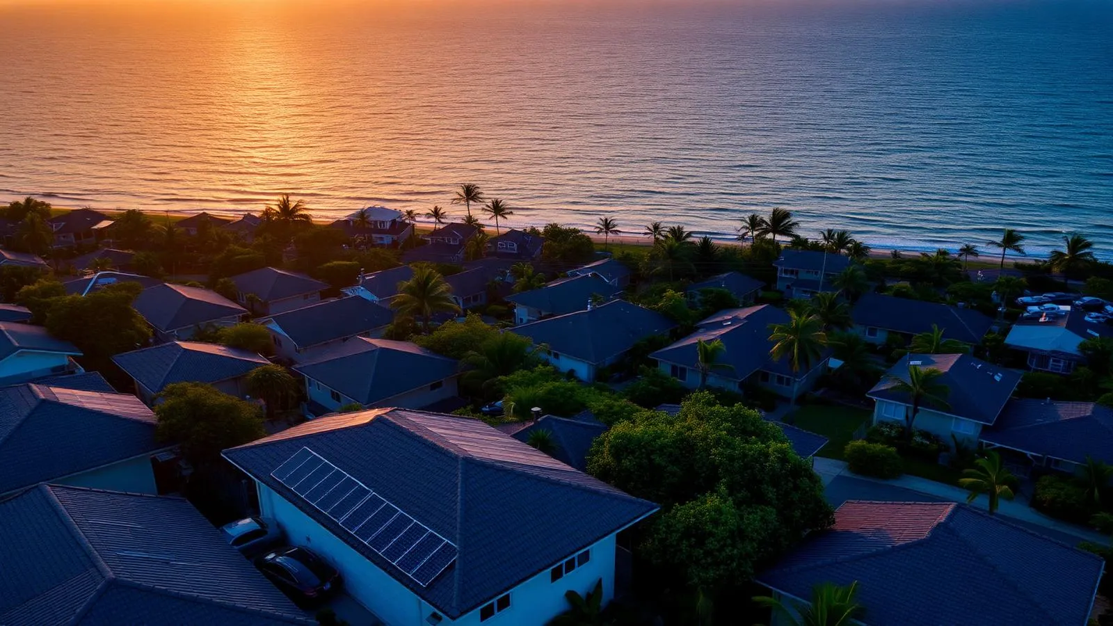Hawaii neighborhood with rooftop solar at golden hour