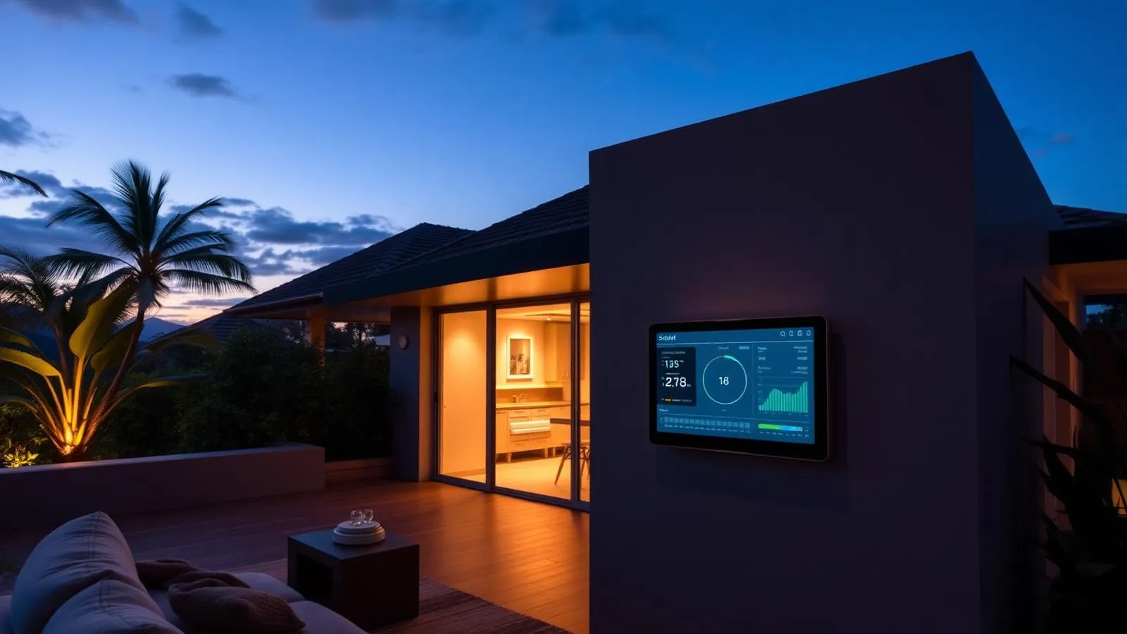 Smart home energy dashboard at a modern Hawaii residence at dusk