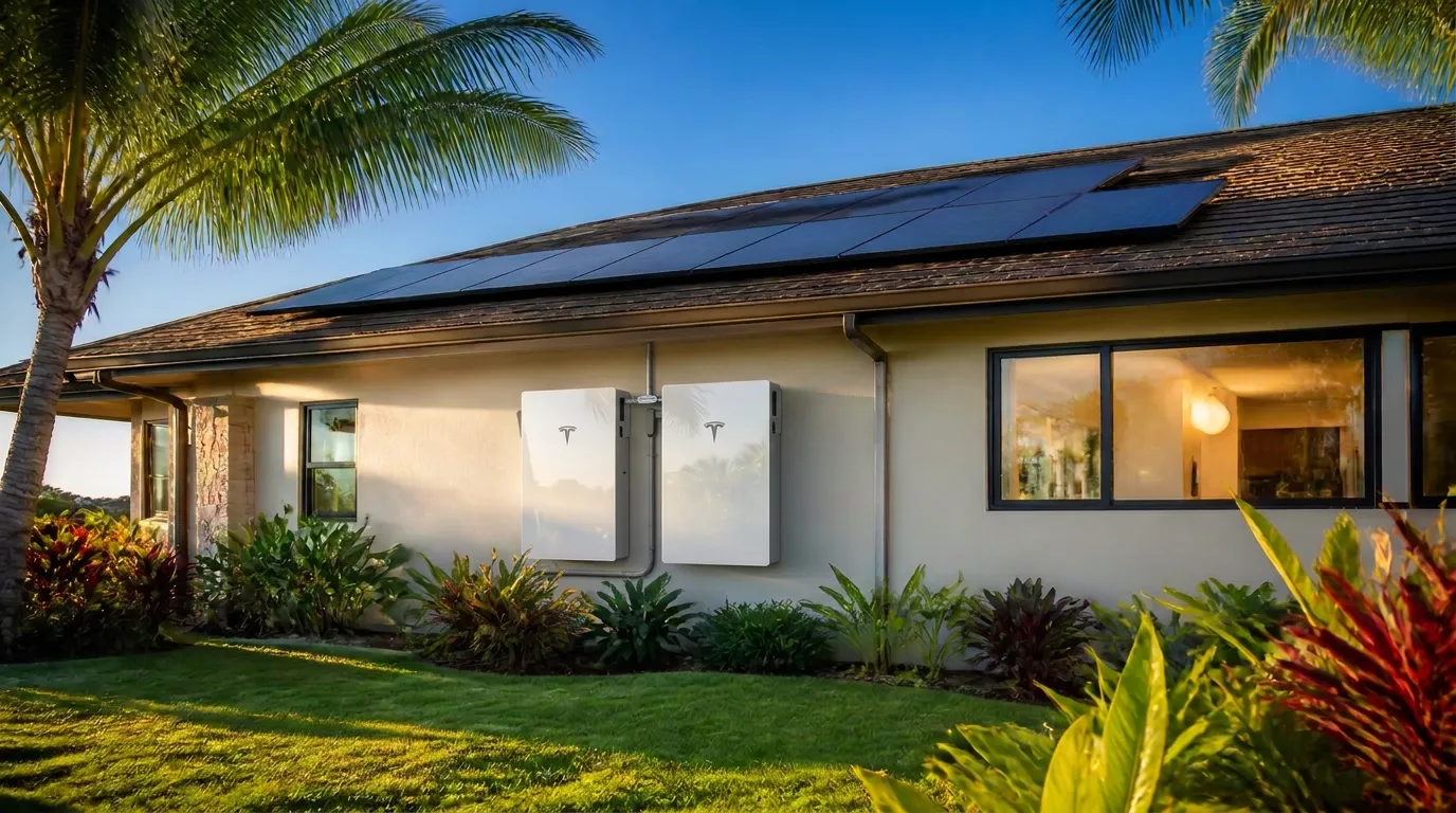 Home battery storage units installed on a Hawaii home with rooftop solar panels