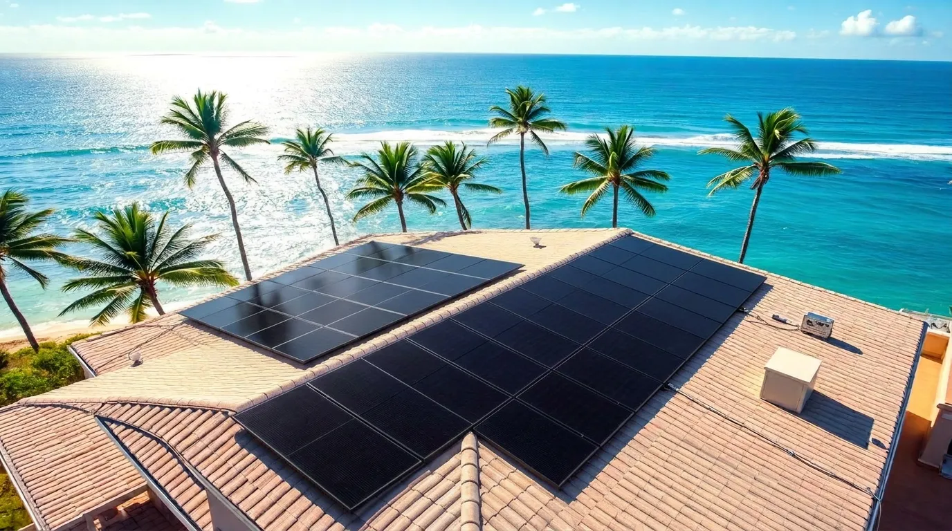Solar panels on a Hawaii home rooftop overlooking the ocean