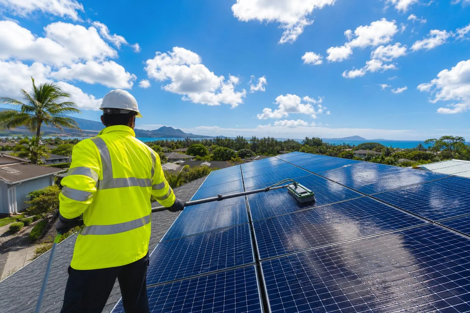 Independent Energy Hawaii technician professionally cleaning solar panels on an Oahu rooftop