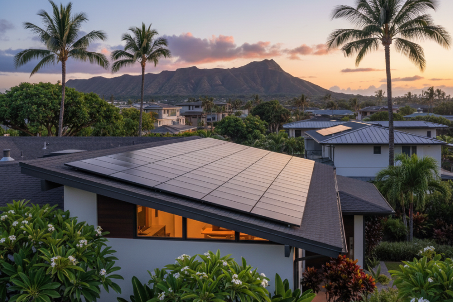 Solar panels on angled roof in Hawaii